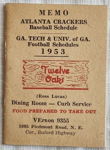 1953 Atlanta Crackers Georgia Tech/ Univ of Georgia Schedule 12 Oaks Dining Room - Picture 1 of 4
