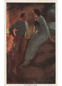 antica cartolina A. J. Dewey - Falling in love - innamorati notte scogli - Picture 1 of 2