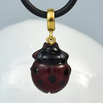 Marienkäfer Anhänger Rot & Schwarz Chalzedon 925 Sterlingsilber Goldene Vermeil - Bild 1 von 4