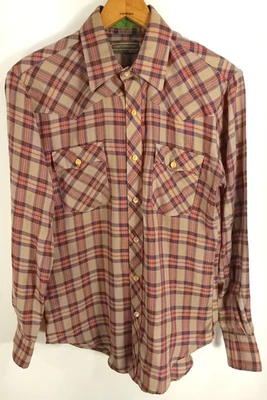 Camisa De Colección Sears Ropa Deportiva Para Hombre Med Tostado Rojo Azul Cuadros La Chella Botón Delantero Foto 1 de 4