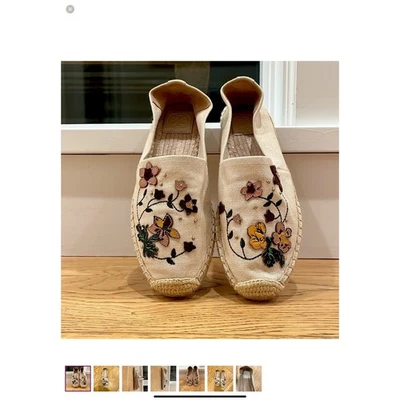 Alpargata plana de lona bordada floral Tory Burch para mujer talla 7 beige Foto 1 de 4