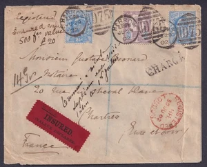 1902 Insured Envelope Harrow to France EDVII 2 1/2d SG 230 x2 + 5d SG 242 FU - Picture 1 of 2