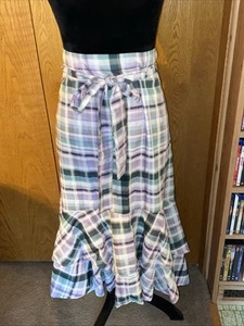 ANN TAYLOR NEW Plaid Lined Bow Belted Hi Lo Ruffle Midi Skirt Size 14 - Picture 1 of 8