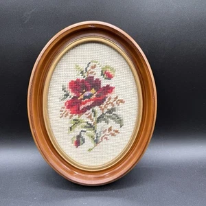 Vintage Needlepoint Red Roses Wood Oval Framed 9” x 7” Gallery Wall Art - Picture 1 of 5