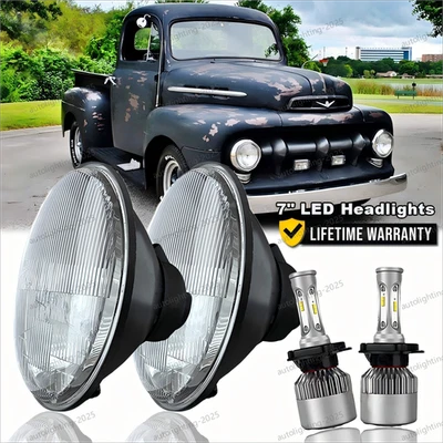 Par de faros LED H4 redondos de 7" pulgadas para Ford F1 1948-1952 haz alto/bajo blanco Foto 1 de 4