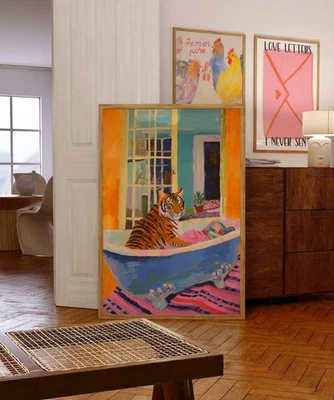 Tiger Poster – Maximalist Bathroom Wall Art, Pink Dopamine Kitsch Decor Print - Image 1 of 4