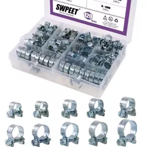 Swpeet 120Pcs 10 Sizes Zinc Plated Mini Fuel Injection Line Style Hose Clamp - Picture 1 of 7