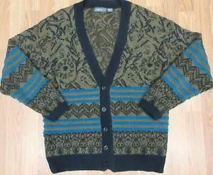 Vintage J.T. BECKETT ACRYL CARDIGAN SCHWARZ/BRAUN/TÜRKIS Gr. LARGE, L - Bild 1 von 3