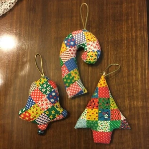 Lot of 3 Vintage Calico Dots Patchwork Homemade Christmas Ornaments 1970s Fabric - Picture 1 of 7