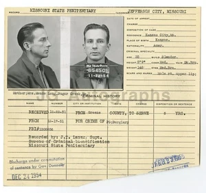 Polizei Buchungsbogen - W. E. Long/Burglary - Missouri State Penitentiary, 1954 - Bild 1 von 2