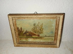 Old oil painting,{ Landscape with a cottage and a river }. - Picture 1 of 12