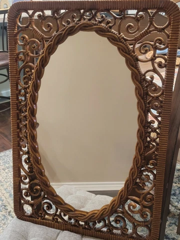 Vintage '78 Large Syroco Hanging Oval Mirror Brown Wicker Look Frame #2368 Cover