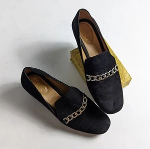 Franco Sarto Womens 8.5 Black Suede Loafer Shoes Layola Chain Detail Block Heel - Picture 1 of 8