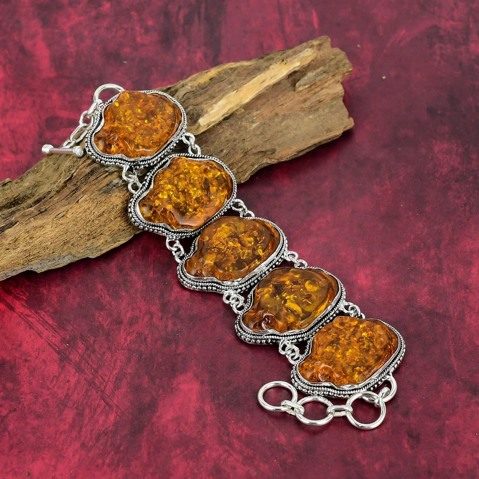 Pulseira de prata esterlina 925 pedra preciosa âmbar natural do Báltico presente de ano novo - Imagem 1 de 4