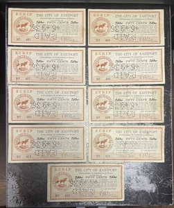 9 Consecutive Eastport Maine $0.50 (Moose) Depression Scrip of 1935 Cancelled - Picture 1 of 2