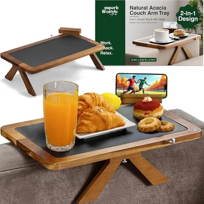 Mesa con brazo de sofá de acacia - Bandeja de reposabrazos de sofá de madera - Mesa auxiliar ancha con clip Foto 1 de 4