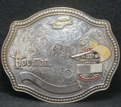 XD11107 VINTAGE 1997 **HOUSTON GANADERÍA SHOW & RODEO** HEBILLA DE CINTURÓN WESTERN PARA HOMBRE Foto 1 de 2