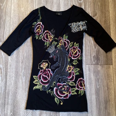 Christian Audigier блестками черная пантера женщин M вязаный Джерси рубашка 3/4 рукав - Изображение 1 из 4