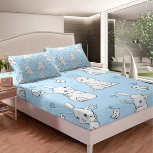 Kids Rabbit Bedding Sheets Cute Rabbit Heart Bed Sheet Set for Boys Girls Wat... - Picture 1 of 7