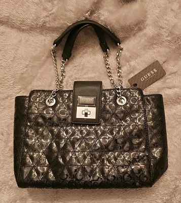 NEW Black Guess Handbag With Silver Chain Handles & Solid Black Strap Handle - Image 1 of 4