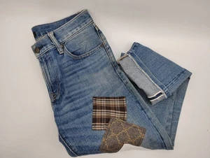 Pantalones de mezclilla Uniqlo Kaihara ribete ajustados rectos oscuros tiro bajo parcheados 30x28 - Imagen 1 de 15