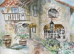 Vintage Art Original Painting watercolor Old Style Village JOAN PERRY 15”x 22” - Picture 1 of 4