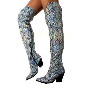  Women Cowboy Chunky Heel Pointy Toe Over The Knee Thigh High Boots Sexy Party L