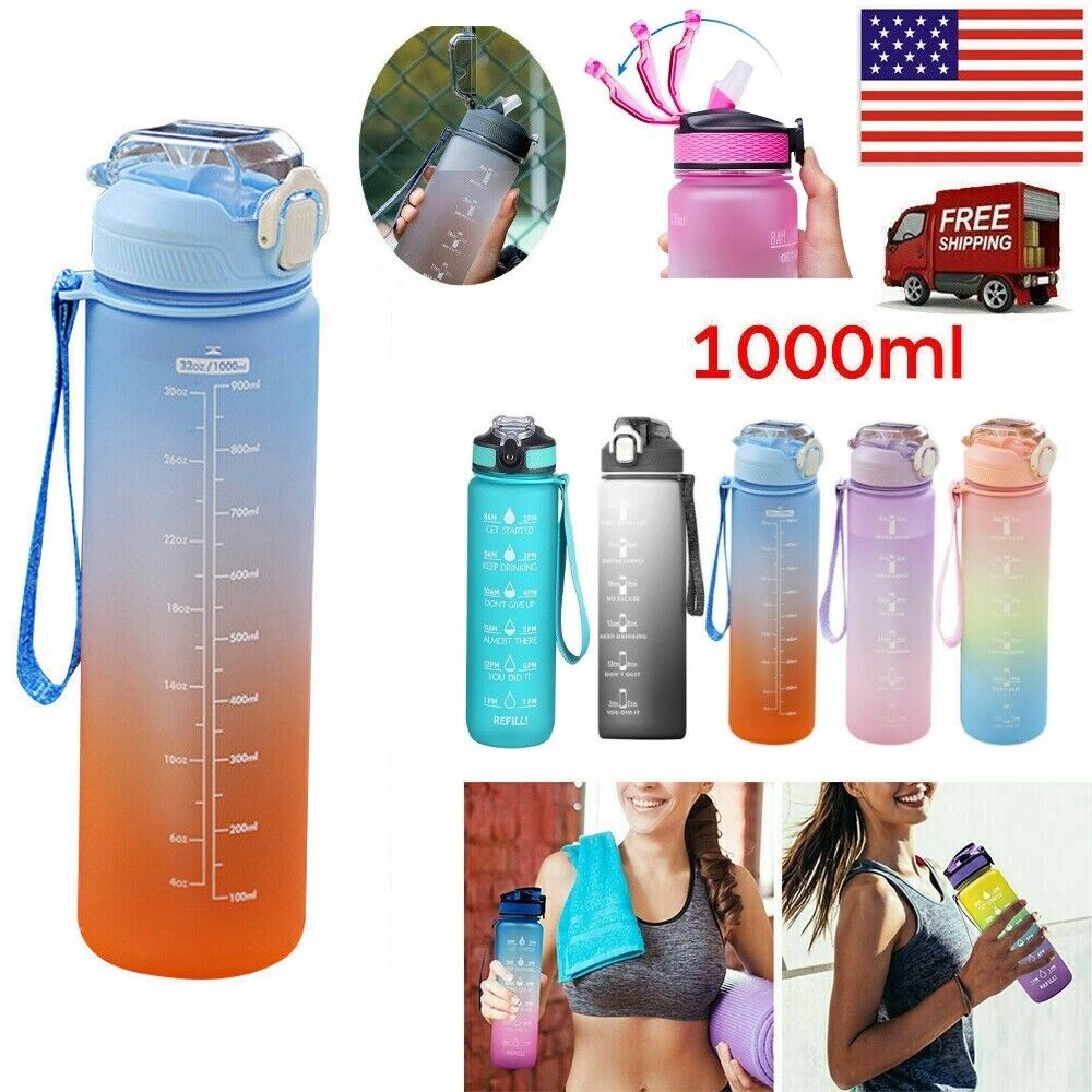 Water Bottle Time Marker 1L Extra Large Motivational Gym Sport Bottle With Straw