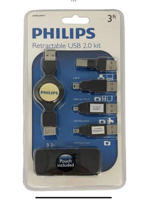 3 FT PHILIPS RETRACTABLE USB CABLE 2.0 KIT #SWR1249/27, (4 adapters) +Travel bag - Image 1 of 2