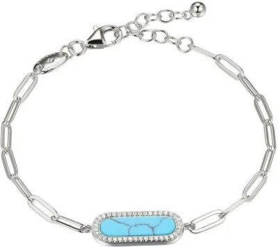 Sterling Silver Bracelet Turquoise CZ Charles Garnier 6.75" Paperclip Chain NEW - Image 1 of 4