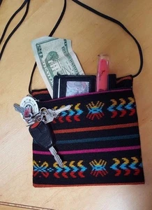 Mexican woven cross body bag black with Aztec multicolored lines Hippie  - Picture 1 of 4