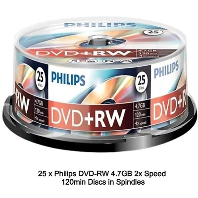 25 x Philips DVD+RW 4.7GB 120Min Rewritable 4x Speed 25s Blank Discs Spindle Tub - Image 1 of 4