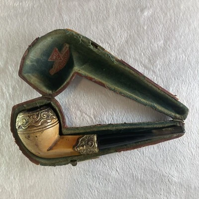 Vintage Antique WDC FRENCH BRIAR BAKELITE TOBACCO PIPE Gold Trimmed Fitted Case - Image 1 of 4