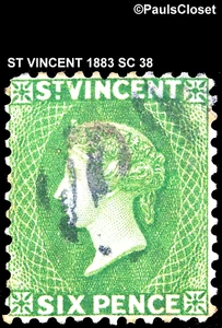 ST VINCENT 1883 SC 38 6p QUEEN VICTORIA YELLOW GREEN USED FINE - Picture 1 of 2