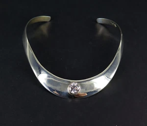 Sleek Sculptural Mexican Sterling Silver & Cubic Zirconia Neck Collar 71g - Picture 1 of 14