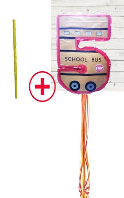 NUMBER FIVE SCHOOL BUS PINATA birthday pull string or hit WITH OPTION OF STICK   - Image 1 of 4