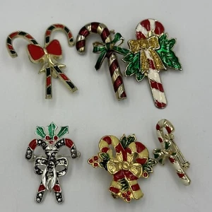 6 Vintage Christmas Holiday Candy Cane Brooch Pin Enamel Jewelry - Picture 1 of 7