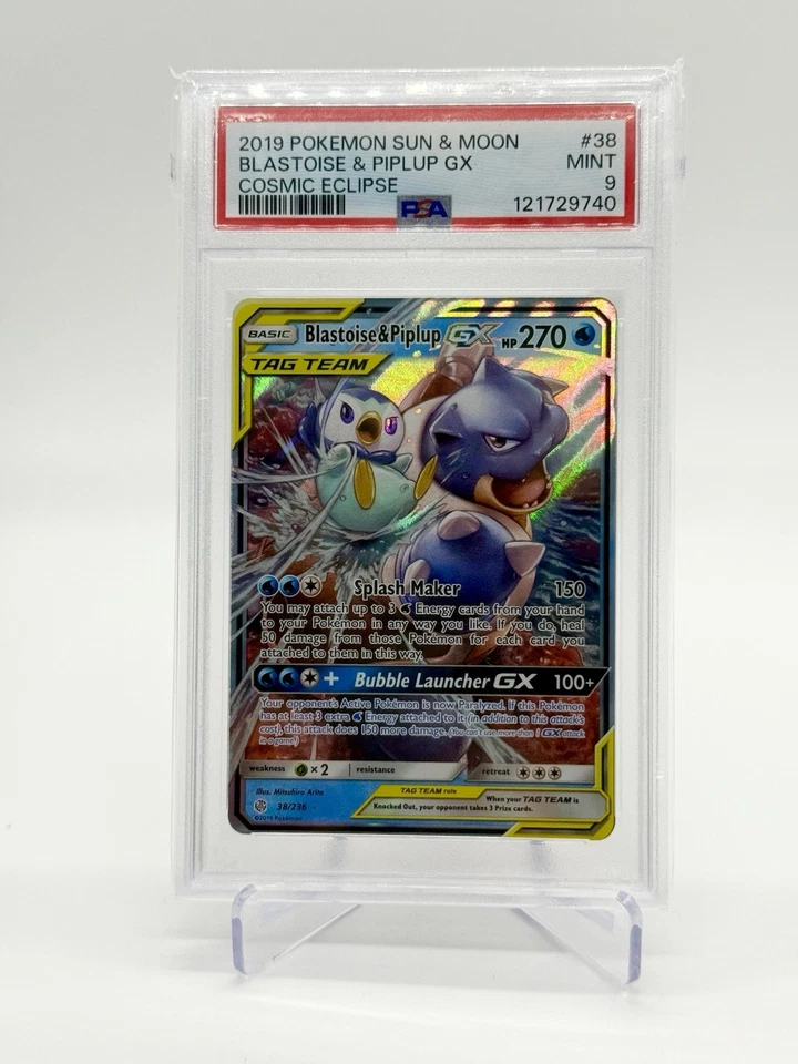 2019 Pokémon Sun & Moon Blastoise & Piplup GX PSA 9 Tag Team Cosmic Eclipse #38 - Image 1 of 1