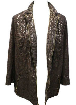 Zenergy 女式 XL 16 风衣夹克棕色猎豹拉链动物印花 — 第 1/4 张图片