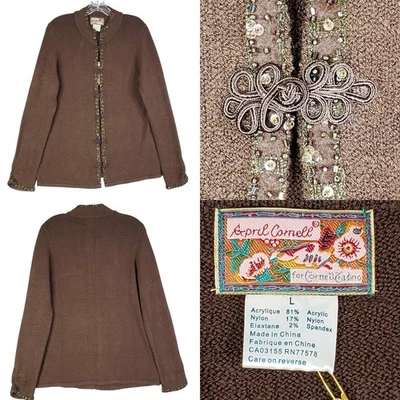 April Cornell Sweater Cardigan Brown Beaded Women’s Size Large L New Foto 1 de 4