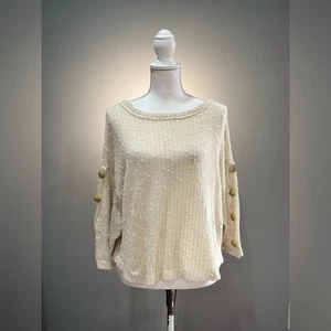 Cremefarbener blauer Pullover mit U-Boot-Ausschnitt und geknöpften Ärmeln Größe M gebraucht, in - Bild 1 von 5
