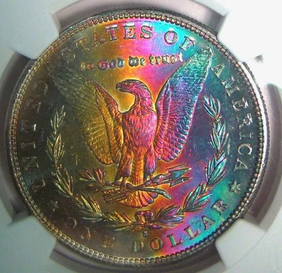 1881-S RAINBOW MORGAN DOLLAR NGC GEM MS65* STAR~ COLORFUL MONSTER RAINBOW TONED* - Image 1 of 4