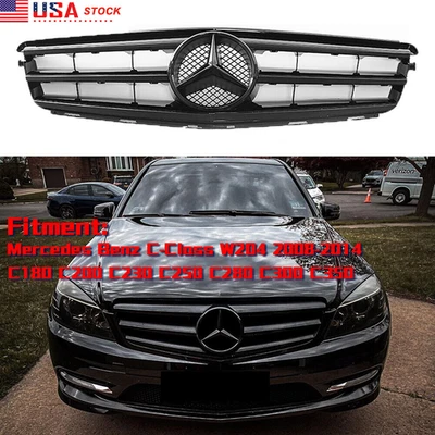 For Mercedes Benz W204 C250 C300 2008-2014 Front Shiny Black Grille W/Emblem - Image 1 of 4