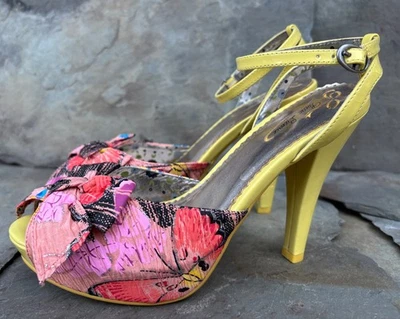 POETIC LICENCE (7.5/38.5) Yellow Stiletto High Heels Floral Sandals Butterfly - Image 1 of 4