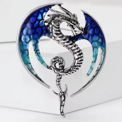 Halloween Spooky Dragon Brooch Pin Punk Blue Silver Enamel Costume Jewelry Gift - Image 1 of 4