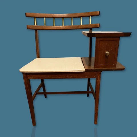 MID CENTURY MODERN Gossip Bench Telephone Side Table Chair Wood Entry Hall Seat Cover