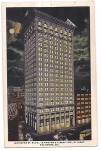 Cartolina XINGTON BUILDING Liberty St Lit Up At Night Baltimora Maryland MD WB - Foto 1 di 2
