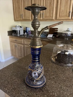 Jarrón cachimba antiguo persa azul cobalto dorado vidrio dorado 20 pulgadas de tal Foto 1 de 4