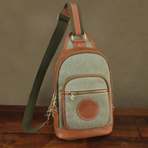 Canvas with Genuine Leather Sling Bag Retro Sling Backpack Purses Crossbody Bag - Picture 1 of 18