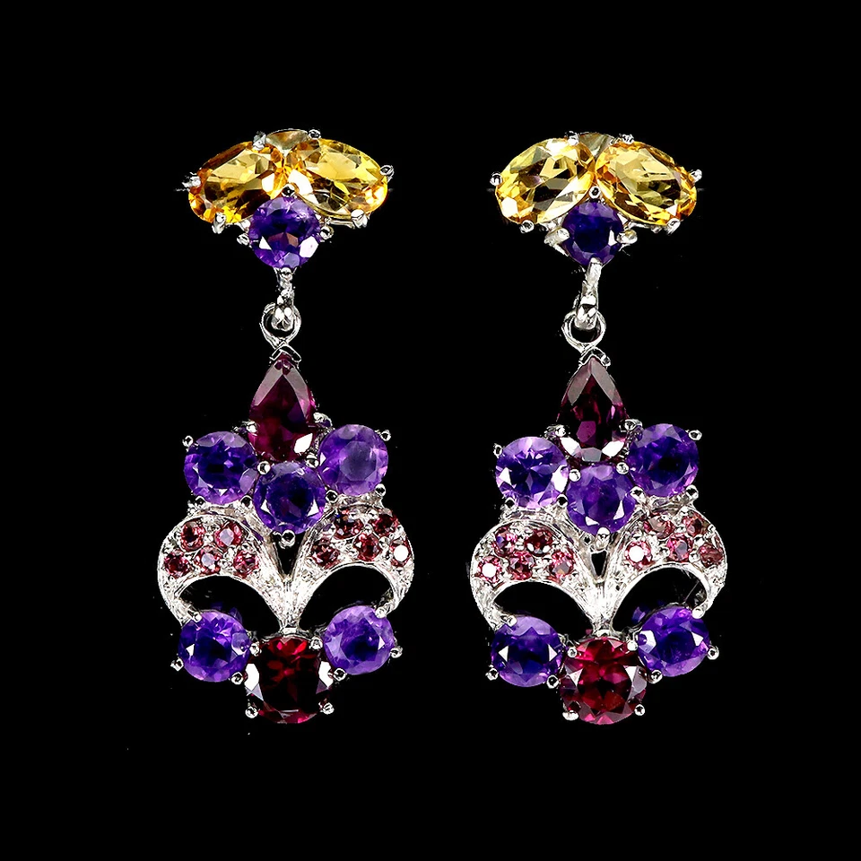 Estate 925 Orecchini Argento Ovale Citrino Ametista Granato Naturale Gemma Jewel - Immagine 1 di 4